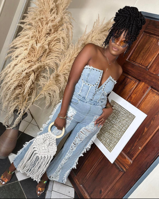 On My Roster Frayed Denim Jumpsuit